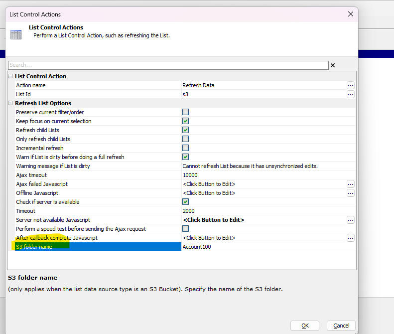 List Control Actions - S3 folder name